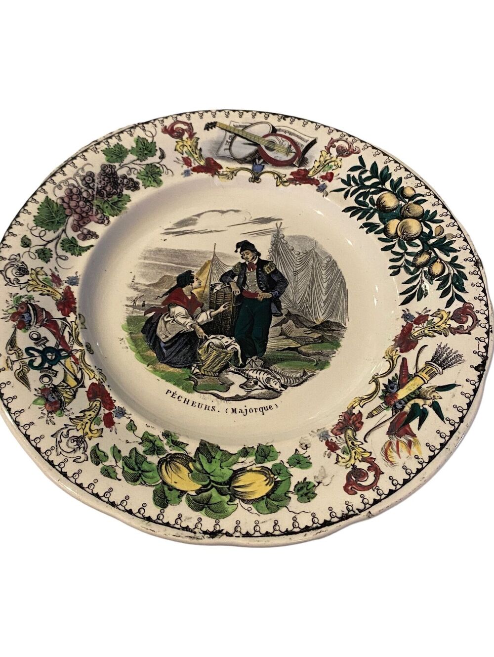 Creil Polychrome French Faience Plate Montereau Lebeuf Pecheurs Majorque